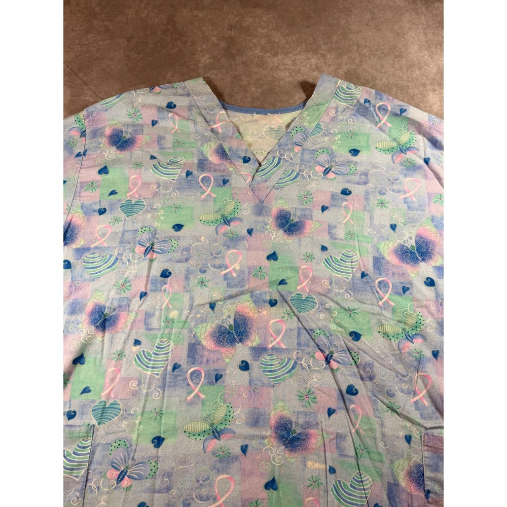 Womens Breast Cancer Awareness Scrub Top Pink Ribbon Butterfly XL Blue Purple